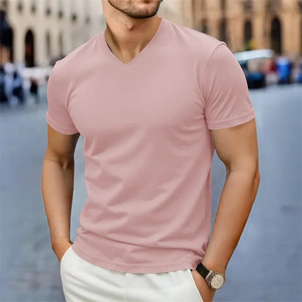2026 New Men's Casual Fashion Simple V-neck Short Sleeved T-shirt Summer Comfortable Breathable Versatile Top