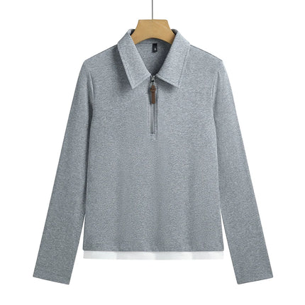 False Two-piece Design Polo Collar Shirt Women's Long Sleeve Cotton T-Shirt Solid Color Business Casual Blend Top Fashion Style