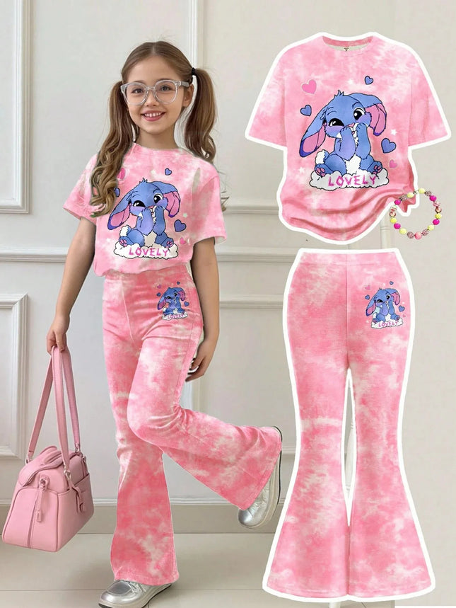 Kids Girls Stitch Cartoon Print 2Pcs Outfit Short Sleeve Floral T-Shirt + Blue Flare Pants Soft Casual Daily Wear Children Set