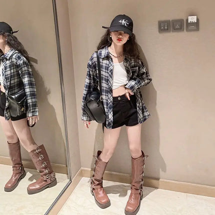 Fashion 2025 Girls Cute grid shirt Autumn Kids Tops Casual Long Sleeve T shirt Children's Clothes Teen 6 8 10 12 14 Years