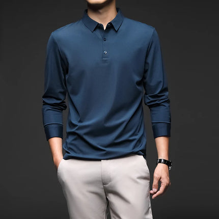 Minglu Mulberry Silk Men's Polo Shirts Luxury Long Sleeve Solid Color Golf Male T-shirts Spring Autumn Business Casual Man Tees