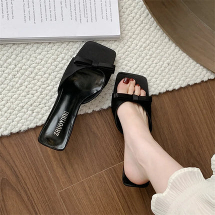 Designer Women Square Toe High Heel Slippers Fashion Butterfly-knot Dress Shoes Summer Stripper Mules Slides Zapatos De Mujer