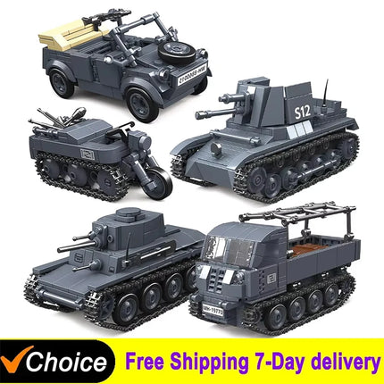 MOC Military Classic Model Type 82 Kübelwagen and Sd.Kfz.2 Half Track Motorcycle Weapons Building Blocks Bricks Toys Kid Gifts ﻿