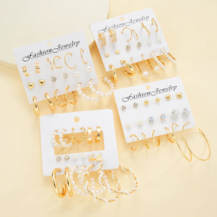Gold Color Metal Jewelry Set For Women With Butterfly Necklaces Imitation Pearl Hoop Earrings Simple Rings No Box Included