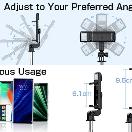 Live Streaming Bluetooth Wireless Selfie Stick Tripod Stand with Light Remote Extendable for iPhone Mobile Phone