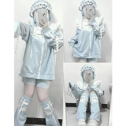 Japanese Subculture stitch Patchwork Hoodies Women's Autumn 2024 Ruffled Edge Harajuku Y2k Hoodie 2000s Loose Zipper Sweatshirts