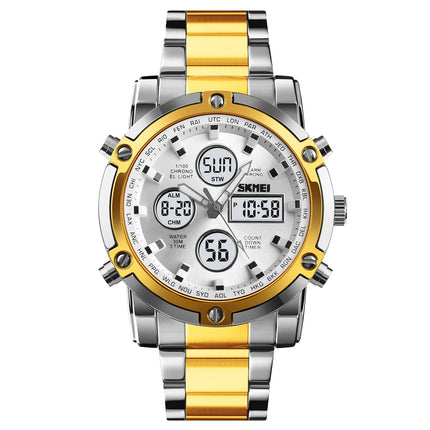 SKMEI Men Dual Display Watch Countdown Steel Strap Electronic Wristwatch Three Time Clock Digital Quartz Watch Relogio Masculino