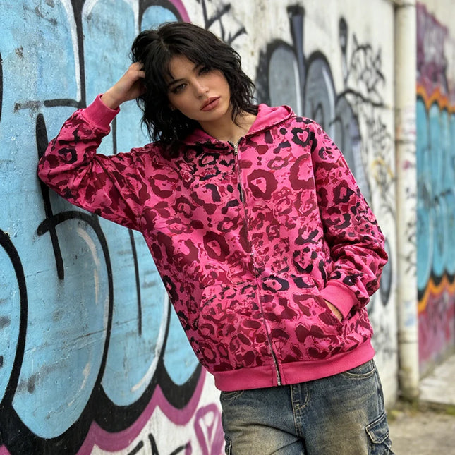 Hip Hop Casual Leopard Print Long Sleeve Hoodie 2000s Autumn Winter Fashion High Street America Dopamine Loose Zipper Sweatshirt