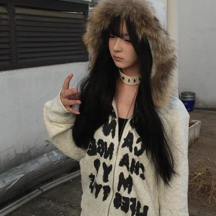 Korean Fashion Sweatshirts Harajuku Gothic Printed Coats Jackets Subculture Vintage Faux Fur Hooded Women Casual Y2k Clothing