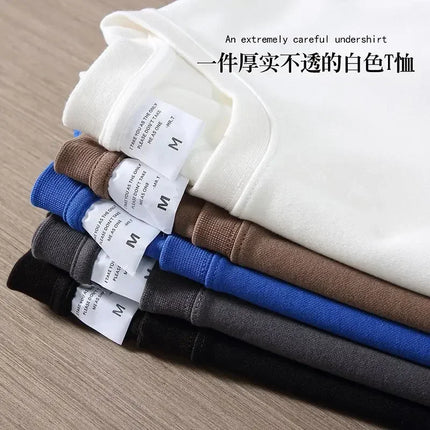 Black White GSM 500g Heavy-duty Pure Cotton T-shirt, Thickened Threaded Round Neck Short Sleeves, Three-Needle Half Sleeve Tees