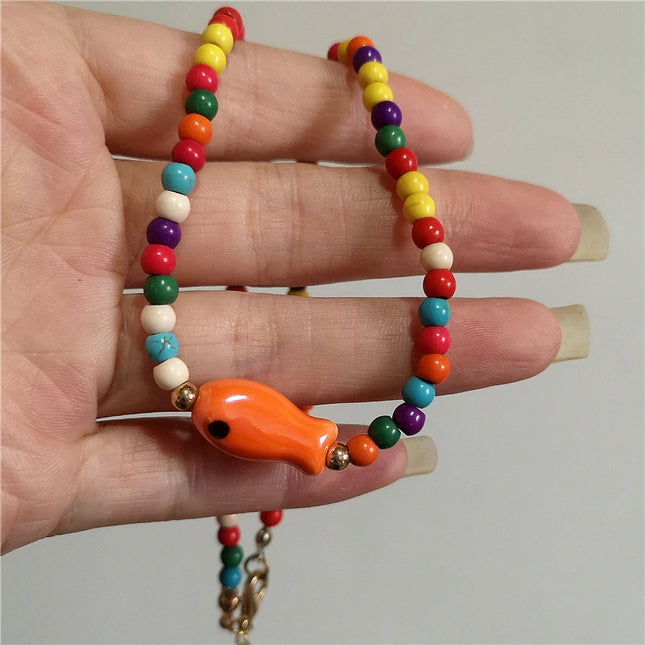 Cute Orange Ceramic Fish Starfish Pendant Beaded Choker Necklace For Women Seaside Vacation Bohemian Harajuku Charm Accessories