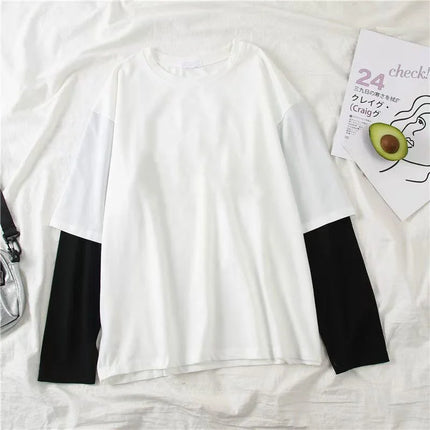 Nouveau Harajuku Noir Blanc Rayé Y2K Manches Longues Couleur Unie T-shirts Hommes Femmes Automne Faux Deux Pièces Manches Longues T-shirt Ample