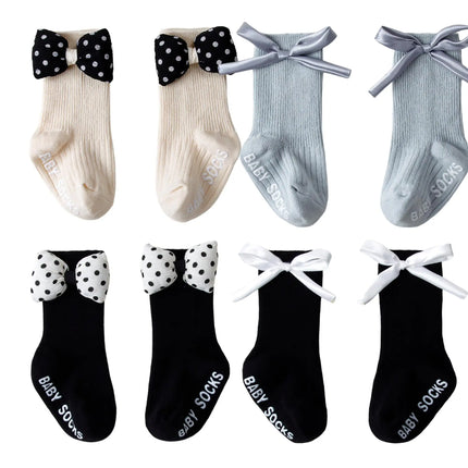 1/4pairs 0-2Y Cute Baby Girls' Cotton Mid-calf Socks Solid Bowknot Non-slip Sockens Toddler Kids Spring & Autumn Newborn Socks