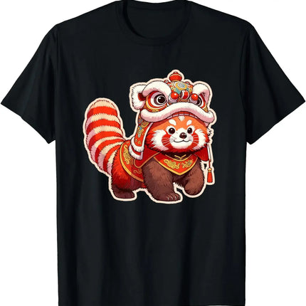 Chinese New Year Red Panda Lion Dance Cartoon Print Lunar New Year 2025 T-Shirt Kawaii Graphic Casual Women Clothing
