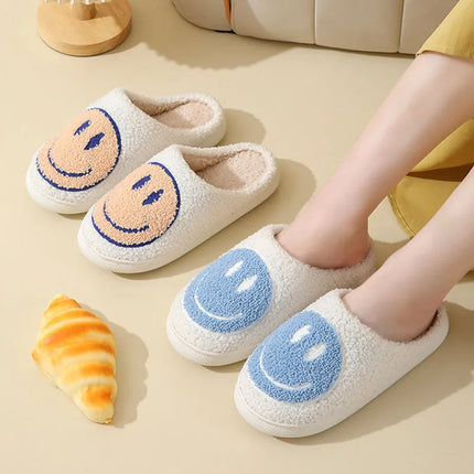 Cute Smiles Women's Fluffy Slippers Winter Indoor Closed Toe Warm Couple Slippers Woman Non-slip Flat Heel Fur Home Slides Shoes