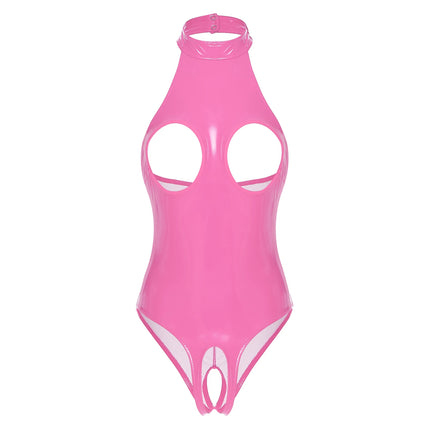 Womens Lingerie Exposed Nipples Latex Bodysuit Glossy Patent Leather Hollow Out Open Cup Crotchless Leotard with Garters Clips
