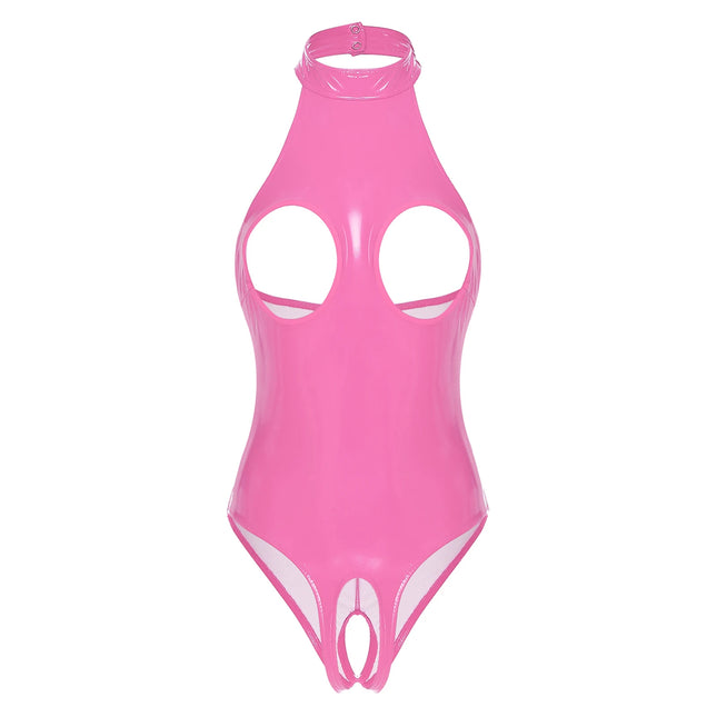 Womens Lingerie Exposed Nipples Latex Bodysuit Glossy Patent Leather Hollow Out Open Cup Crotchless Leotard with Garters Clips