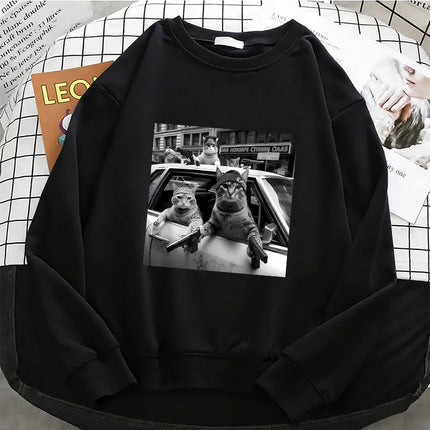 Streetwear Cat Crew Neck Hoodies Warm Fleece Sweatshirt Vintage Crew Neck Pullover Casual Female Clothes