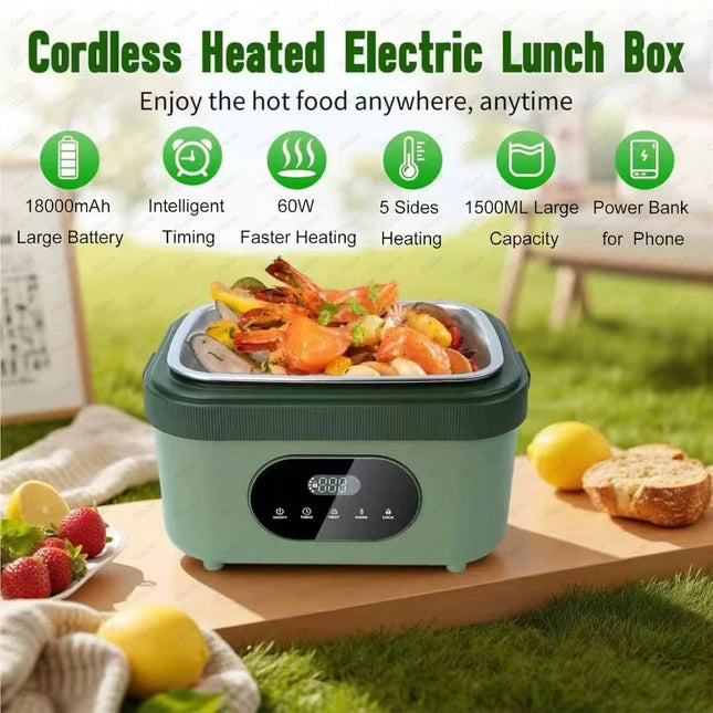 Gison Electric Heated Lunch Box Food Warmer 1.5L60W Outdoor Car Travel Office18000mah battery Portable No water fast heating Box