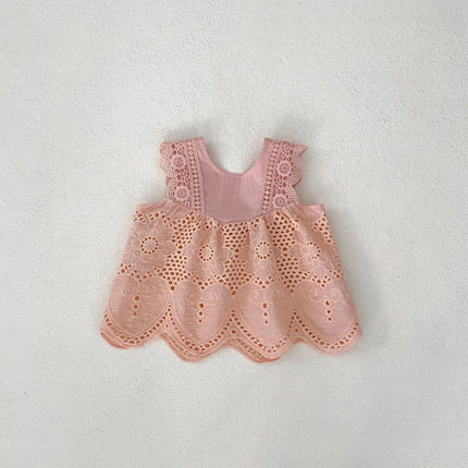 New Summer Baby Girl Round Neck Sleeveless Lace Splicing Top+Clear Color Bag Pants 2-piece Set