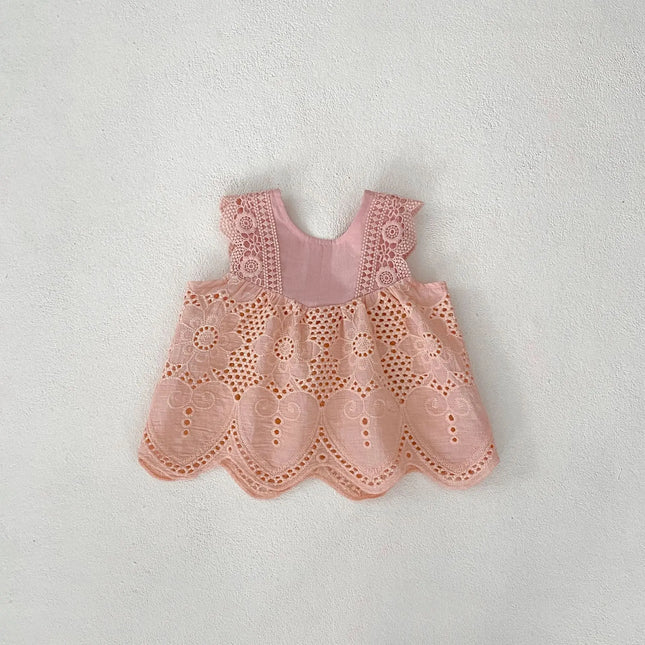 New Summer Baby Girl Round Neck Sleeveless Lace Splicing Top + Solid Color Bag Pants 2-piece Set