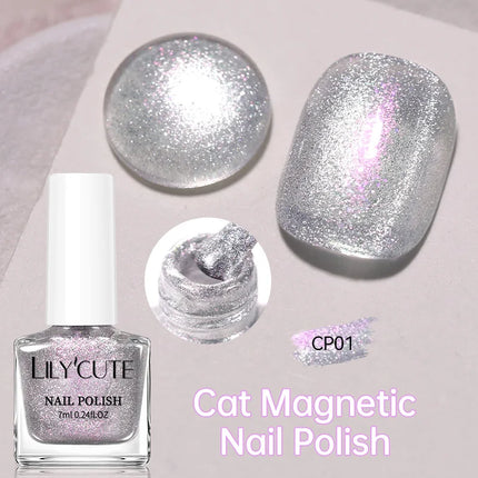 LILYCUTE 7ml Silver Glass Cat Magnetic Nail Polish Pink Colorful Shining Effect Nail Art Varnish No Need Lamp Air Dry