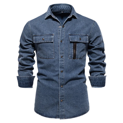 New Style Men's Casual Solid Color 100% Cotton Long-Sleeve Washed Denim Shirt for Spring and Autumn, European Size