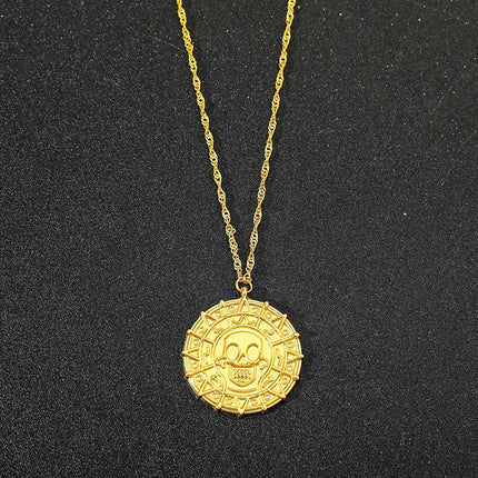 Pirates of the Caribbean Jack Sparrow Aztec Skeleton Skull Heads Coin Medallion Pendant Vintage Jewelry Necklace for Wholesale