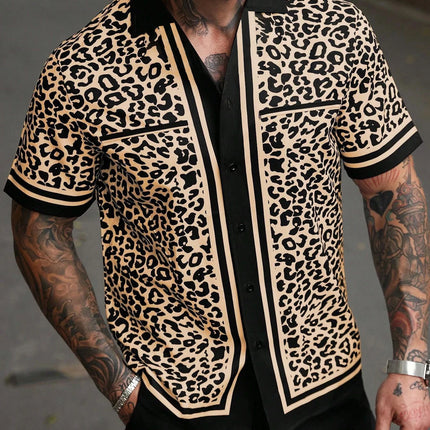 Men's Summer Leopard Print Short Sleeved T-Shirt Hawaiian Shirt Beach Vacation Casual Shirt Fashionable and Versatile Person