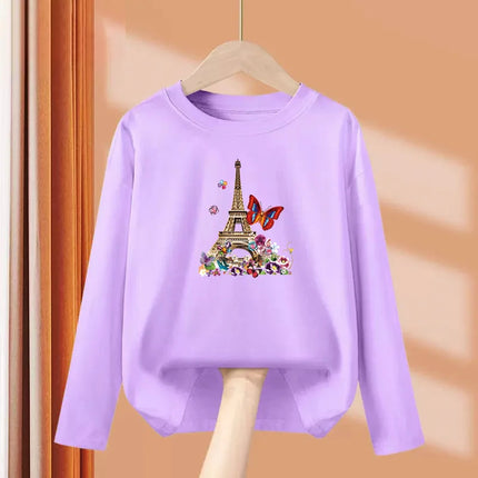 2024 New Flamingo Long-Sleeved T-shirt for Little Girls in Autumn, Round Neck Cotton Tops, Children's Fashion Tees, Ages 3-14