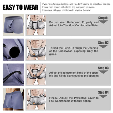 Men's Breathable Underwear Front Open Hole with Adjustable Ring Sheath Boxers Foreskin Long Therapy Enhanced Man Boxers Briefs