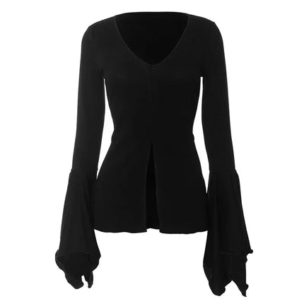 Goth Dark Fairy Grunge Flare Sleeve V-neck T-shirts Gothic Split Sexy Lettuce Hem Female Blouses Y2k Black Slim Fashion Alt Tops