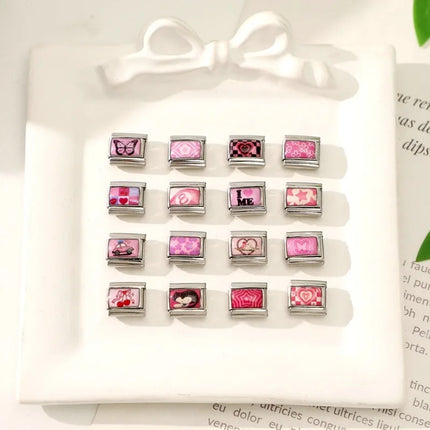 Wholesale Sweet Pink Series Stars Heart Flowers Butterfly Italian Link Fit 9mm Stainless Steel Bracelet Making DIY Charm Jewelry