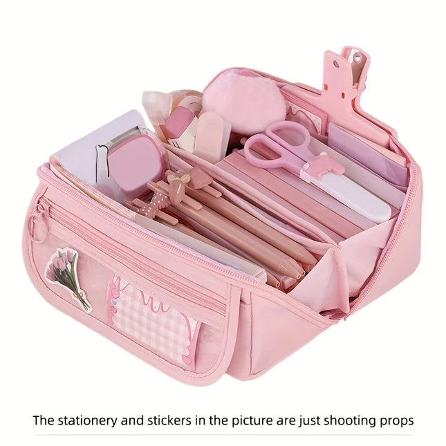 Large Capacity Pencil Case Organizer - Multi-Compartment Desktop Storage for School & Office Supplies (Pink/Purple/Black)