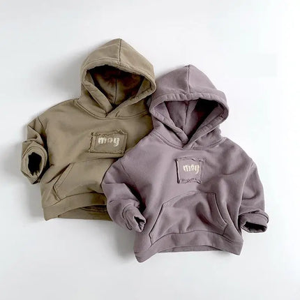 2025 Winter New Children Hooded Fleece Sweatshirt Cotton Boys Girls Versatile Tops Plus Velvet Thick Kids Casual Letter Hoodie