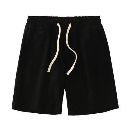 Men Shorts Solid Color Mid Waist Summer Motion Waffle Texture Deep Crotch Drawstring Male Shorts Loose Knee Length Casual Short