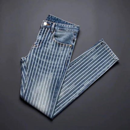 Autumn and Spring Fashion American Vintage Straight-leg Striped Jeans Men's Casual Comfortable Sports High-quality Denim Pants