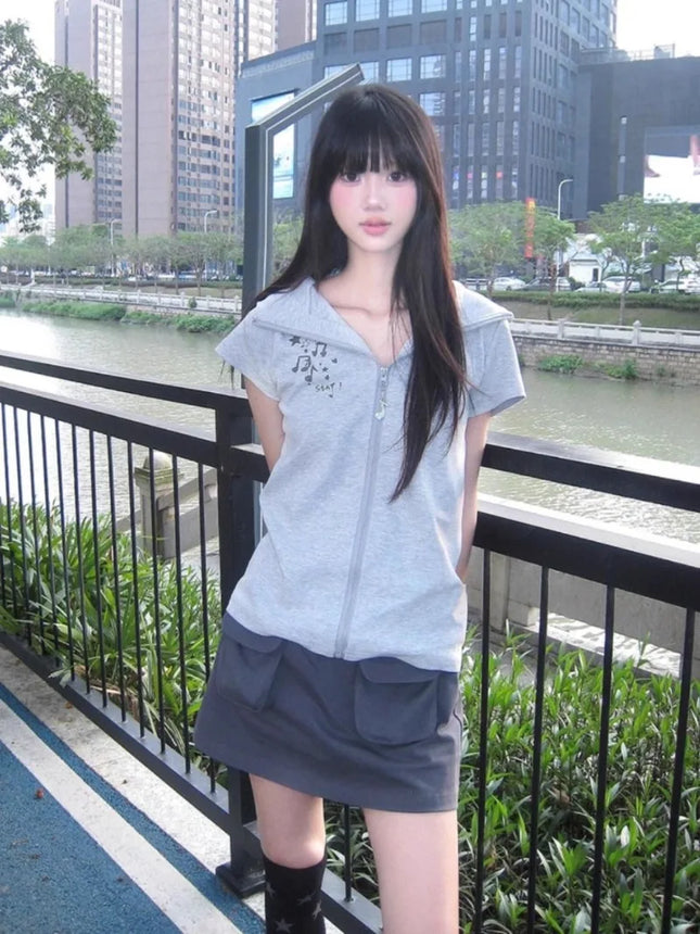 New Fashion Short Sleeve Zip Up Sweatshirts Y2k Aesthetic Japanese Seet Popular Simple Commuter Cardigan High Street Clothes