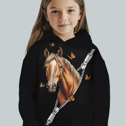Cool Horse Girl Clothes Animals 3D Print Autumn Long Sleeve Hoodies Loose Lightweight Sweatshirt Comfortable Children's Clothing
