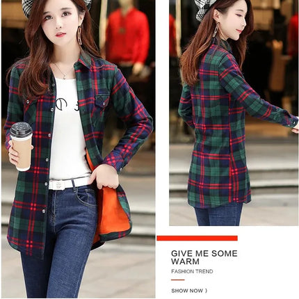 Thickened Fleece Women's Long Sleeve Shirt Warm Slim Fit Midi Length Plaid Korean Style Fashionable Women's Button-up Top