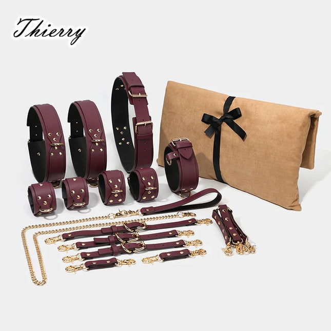 Thierry BDSM Bondage Restraint Kits Handcuffs Collar Wrist Ankle Thigh cuffs Waist Belt Cross Buckle Sex Toys For Adult Games
