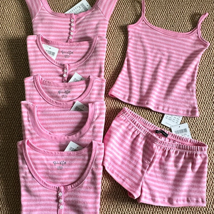 Pink Striped Collection Tshirt Women Simple Casual Cotton Buttons T-shirts Sweet Cute Preppy Style Camisole+Slim Short Pants Y2K