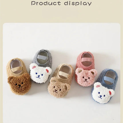 Cartoon Bear Baby Shoes Winter Thick Warm Newborn Shoes Non-slip Soled Soft Plush Toddler Kids Boy Girls Infant First Walkers