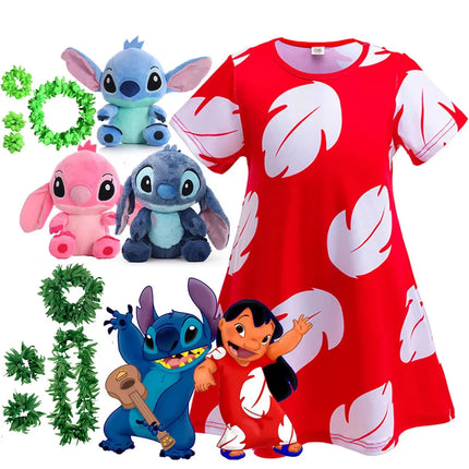 Disney Baby Lilo Stitch Dress For Girl Interstellar Animation Cosplay Short Sleeve Cute Printed Dress + Doll Accessories Set