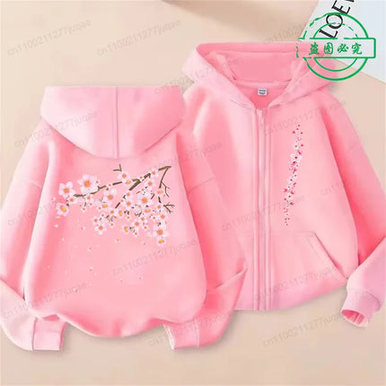 Sakura Cherry Print Female Zip Up Hoody Harajuku Hoodies Cherry Blossome Fashion Casual Street Hooded Autumn Fleece Streetwear