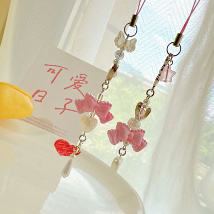 Pink Princess Bow Heart Phone Charm Bowknot Imitation Pearl love Star Beaded Lanyard Chain Keyring for Phone Backpack Wallet