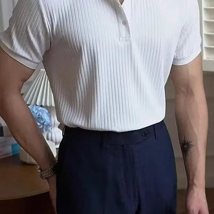 Vertical Stripe Knit Polo Men's Shirts Summer New Slim Solid Color Breathable Turn-Down Collar Business Short Sleeve Polo Tops