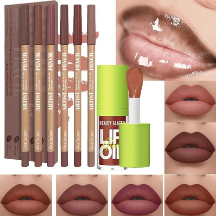 BEAUTY GLAZED 6Pcs Matte Waterproof Lipliner Set+Lip Oil  Lip Essence Lip Oil Plumping Lip Tint Lip Care Lip Gloss Glaze Makeup