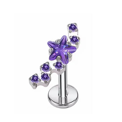 F136 Titanium Alloy Fashion Purple Zirconia Stud Earring Set with Cartilage Piercing Lip Stud and Ear Lobe Body Piercing Jewelry