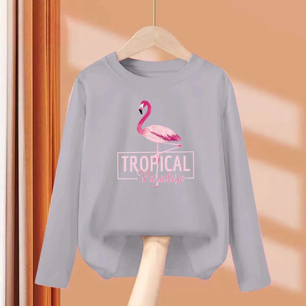 2024 New Flamingo Long-Sleeved T-shirt for Little Girls in Autumn, Round Neck Cotton Tops, Children's Fashion Tees, Ages 3-14